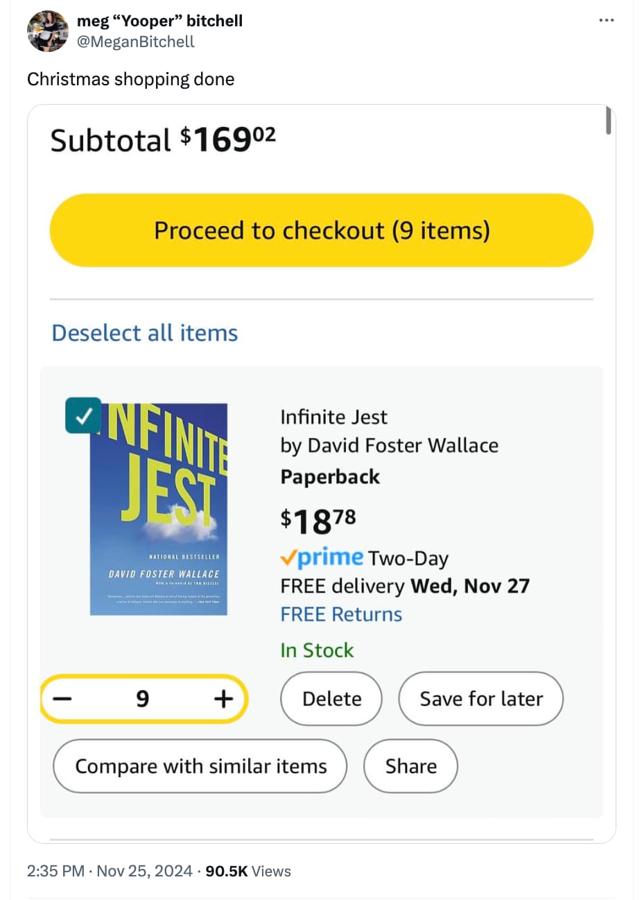 screenshot - meg "Yooper" bitchell Christmas shopping done Subtotal $16902 Proceed to checkout 9 items Deselect all items Infinite Jest National Bestseller David Foster Wallace Infinite Jest by David Foster Wallace Paperback $1878 prime TwoDay Free delive